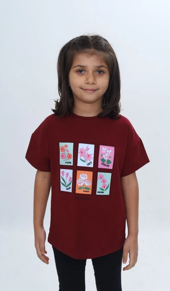 Toontoy Kız Çocuk Baskılı Bisiklet Yaka Düşük Omuz Kısa Kollu Tişört 24982 ürün görseli 1
