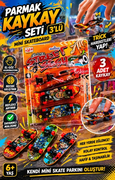 Parmak Kaykay Seti 3’lü Mini Skateboard, Trick Oyuncak Beceri Geliştirici Eğlence Seti ürün görseli 1
