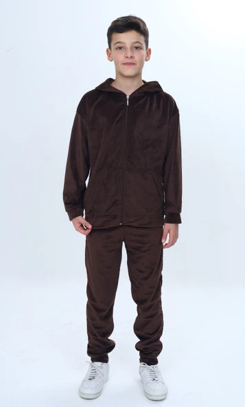 Toontoy Erkek Çocuk 2'li Takım Kapüşonlu Fermuarlı Sweatshirt & Beli Paçası Lastikli Jogger Eşofman Altı - Kadife ürün görseli 1