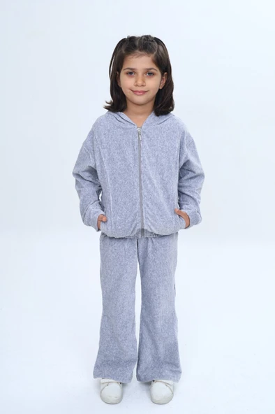 Toontoy Kız Çocuk 2'li Takım Kapüşonlu Fermuarlı Cepli Sweatshirt & Beli Lastikli Bol Paça Eşofman Altı - Kadife ürün görseli 1