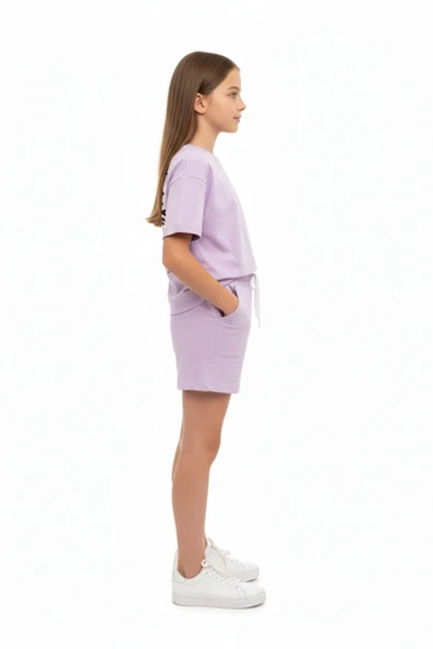 Toontoy Kız Çocuk 2'li  Şortlu Takım Bisiklet Yaka Kısa Kollu Arkası Baskılı Tişört - Beli Lastikli Bağlamalı Baskılı Şort 25036 ürün görseli 1