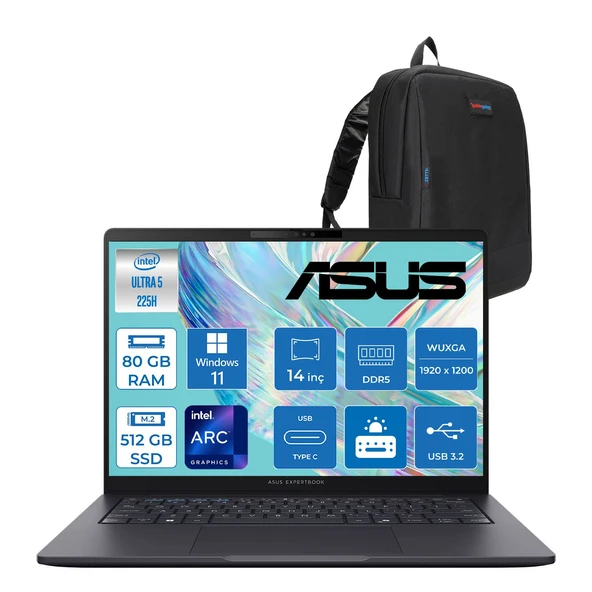 Asus Expertbook B3 (B3405CCA) Intel® Core™ Ultra 5 225H 80GB Ddr5 512GB SSD Intel® Arc™ Grafik 14"WUXGA(1920 x 1200)400 NIT,SRGB:%100 WIN11PRO Taşınabilir Bilgisayar U5225H16512B0DP27+ZETTAÇANTA ürün görseli 1