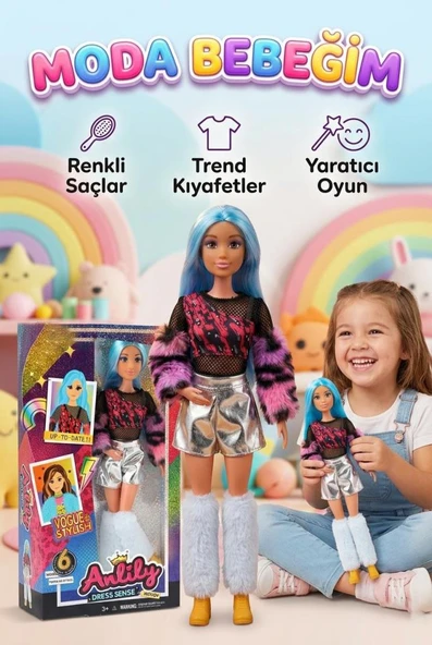 Anlily Moda Bebeği - Şık Tüylü Kabanlı ve Trend Aksesuarlı Oyun Seti Moda İkonu Oyuncak Bebek ürün görseli 1