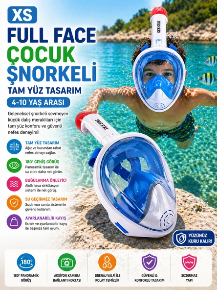 Mavi Beyaz Çocuk Full Face Şnorkel Maske XS Tam Yüz Dalış Maskesi Taşıma Çantalı Seti 4-10 Yaş ürün görseli 1
