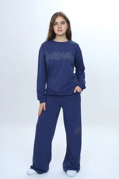 Toontoy Kız Çocuk 2'li Takım Taş İşlemeli & Bisiklet Yaka Sweatshirt & Bol Paça Cepli Eşofman Altı ürün görseli 1