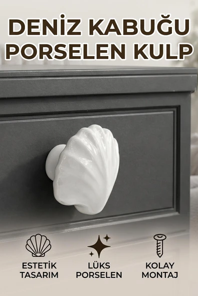 Deniz Kabuğu Tasarım Beyaz Renk Tek Vidalı Porselen Düğme Kulp Mobilya Çekmece Dolap Kulpu Kulbu ürün görseli 1