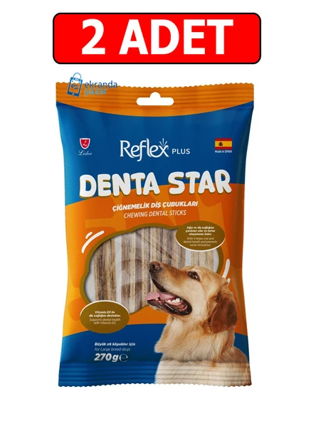 Reflex plus denta star çiğnemelik diş çubukları 2 adet 270 gr diş sağlığı destekleyici büyük ırk köpek ödül maması ürün görseli 1