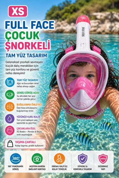 Pembe Beyaz Çocuk Full Face Şnorkel Maske XS Tam Yüz Dalış Maskesi Taşıma Çantalı Seti 4-10 Yaş ürün görseli 1