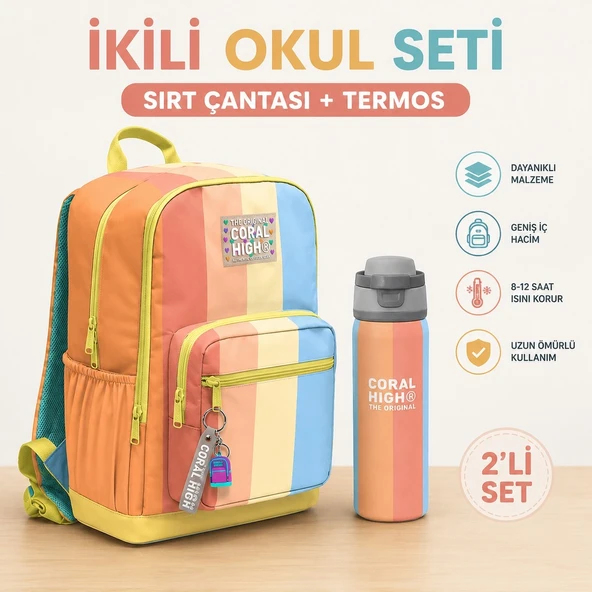 Renkli Çizgili Dört Bölmeli Sırt Çantası 23680+ Çelik Termos 800 ml 38540 ürün görseli 1