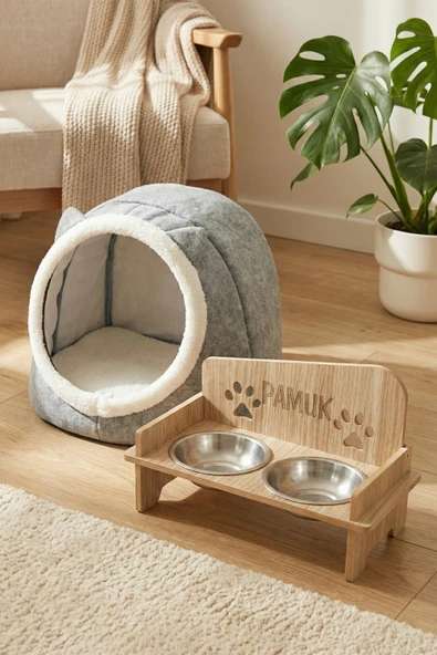 İsim Yazılabilir Kare Mama Kabı Ve Keçe Kedi ve Küçük Irk Köpek Evi Seti Gri ürün görseli 1