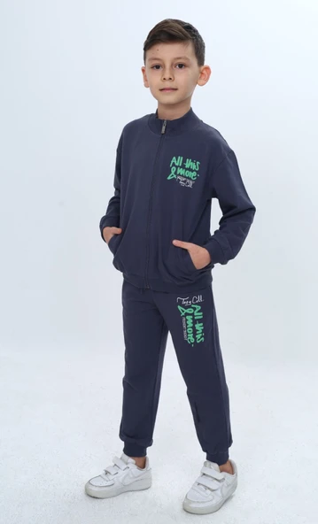 Erkek Çocuk 2'li Takım Baskılı Fermuarlı Cepli Sweatshirt & Beli Paçası Lastikli Cepli Jogger Eşofman Altı - 2 İplik  24965 ürün görseli 1