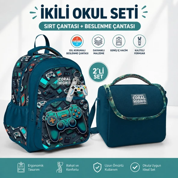 Gamer Desenli Okul Sırt Çantası 14423+THERMO Beslenme Çantası 11771 ürün görseli 1