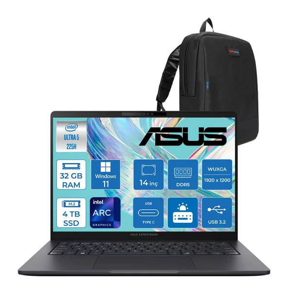 Asus Expertbook B3 (B3405CCA) Intel® Core™ Ultra 5 225H 32GB Ddr5 4tb SSD Intel® Arc™ Grafik 14"WUXGA(1920 x 1200)400 NIT,SRGB:%100 WIN11HOME Taşınabilir Bilgisayar U5225H16512B0DH15+ZETTAÇANTA ürün görseli 1