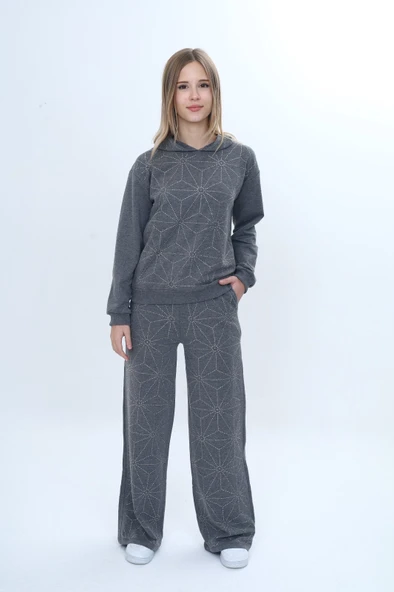 Toontoy Kız Çocuk 2'li Takım Taş İşlemeli Kapüşonlu Sweatshirt & Beli Lastikli Bol Paça Cepli Eşofman Altı - 2 İplik ürün görseli 1