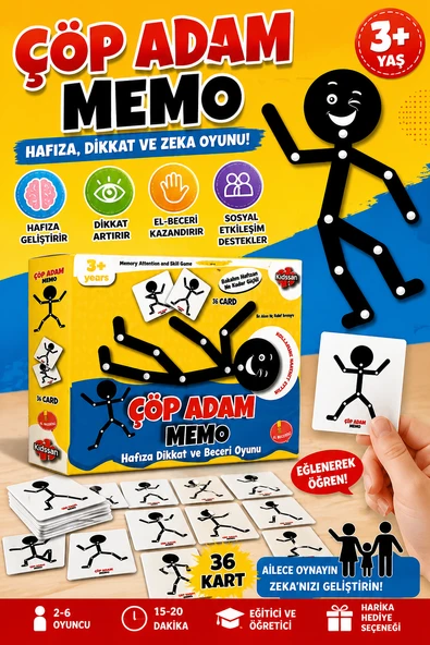 Çöp Adam Memo Kart Oyunu Hafıza Dikkat ve Zeka Geliştirici Eğitici Aile Oyunu 3+ Yaş ürün görseli 1