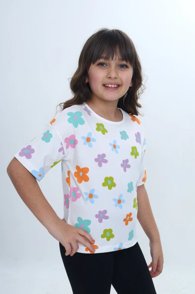 Toontoy Kız Çocuk Bisiklet Yaka Kısa Kollu Baskılı Tişört 24980 ürün görseli 1