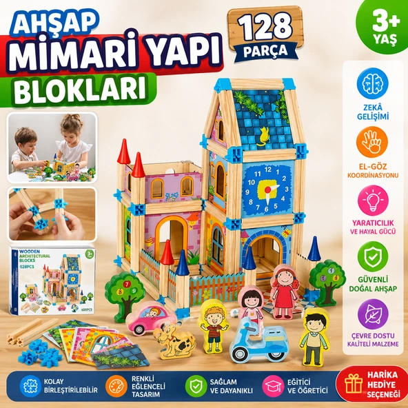 Ahşap Mimari Yapı Blokları 128 Parça Eğitici Zeka Geliştirici İnşaat Oyuncak Seti 3+ Yaş ürün görseli 1