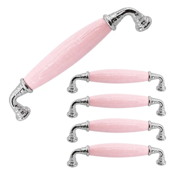 (5 Adet) Afrod Pembe Porselen Krom Kulp 128 mm 12.8 cm Mobilya Çekmece Dolabı Dolap Kapak Kulb Kulpu ürün görseli 1