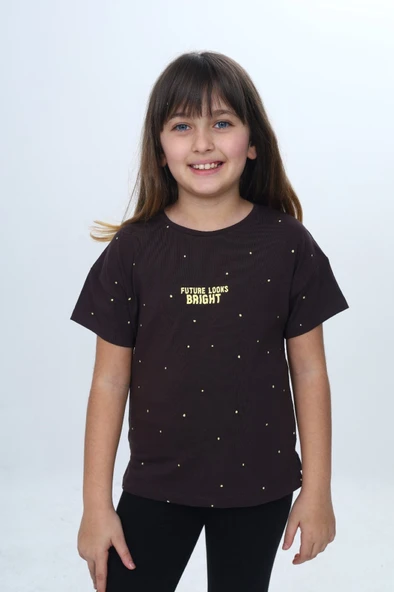 Toontoy Kız Çocuk Bisiklet Yaka Düşük Omuz Kısa Kollu  Baskılı Tişört 24983 ürün görseli 1