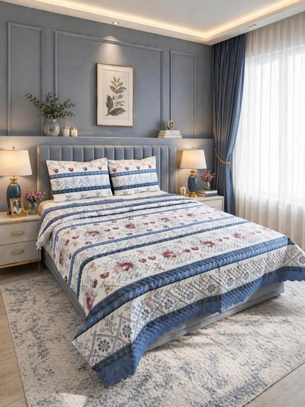 Ultrasonik Kapitoneli Rossera Çift Kişilik Pike Takımı 195x235 cm Mavi ürün görseli 1