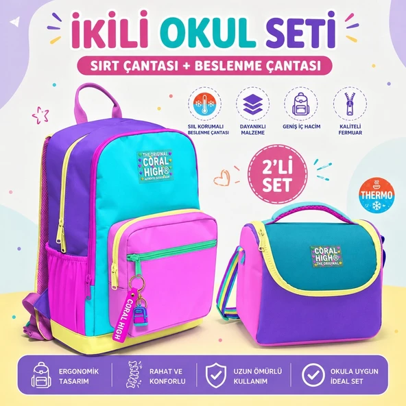 Çok Renkli Dört Bölmeli Okul Sırt Çantası 23676+THERMO Beslenme Çantası 11759 ürün görseli 1
