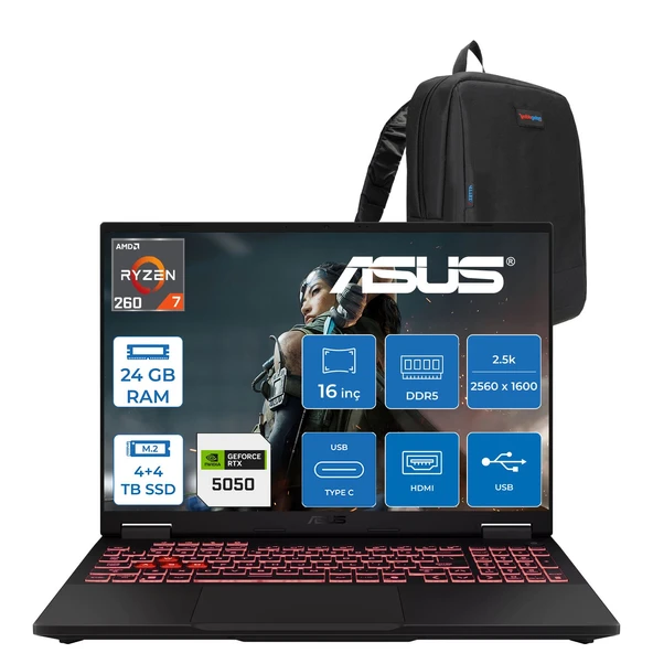Asus Tuf Gaming A16 FA608UH Ryzen 7 260 Aı 24GB Ddr5 4tb Ssd+4tb SSD 16-Inch 8GB/RTX5050 115W, 1920 x 1200, Wuxga SRGB:100% 165Hz 3ms IPS Freedos Gaming Laptop ZRV099WF08+ZETTAÇANTA ürün görseli 1
