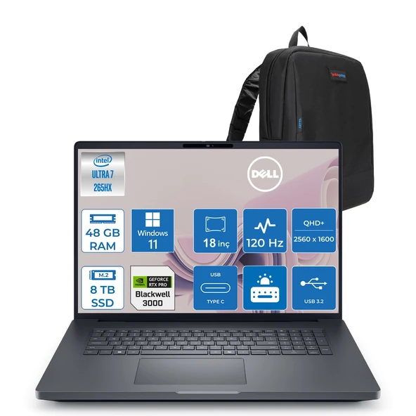 Dell Pro Max 18 Plus Intel Core Ultra 7 265HX 48GB Ddr5 8tb SSD Rtx Pro 3000 Blackwell 12GB Windows 11 Home 18" 120HZ Qhd+ 2560 x 1600 Wva 500NITS Mobil Iş Istasyonu MB18250263H10 + Zetta Çanta ürün görseli 1