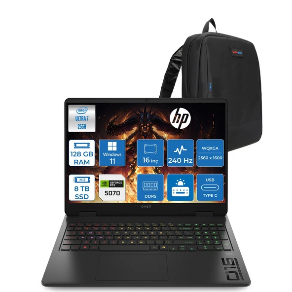 Hp Omen Slim 16-AN0025NT Intel Core Ultra 7 255H 128GB Ddr5 8tb SSD RTX5070 8gb 115W Windows 11 Pro 16" Wqxga (2560 x 1600) 240 Hz 3ms IPS 500 Nits Oyuncu Bilgisayarı OCJ8V8EAP54 + Zetta Çanta ürün görseli 1