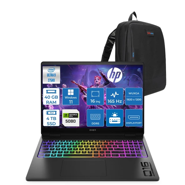 Hp Omen Max 16-AH0009NT Intel Core Ultra 9 275HX 40GB Ddr5 4tb SSD RTX5080 16GB 120W Windows 11 Home 16" Wuxga (1920X1200) IPS 400NITS 165Hz Oyuncu Bilgisayarı OB92QQEAH22 + Zetta Çanta ürün görseli 1