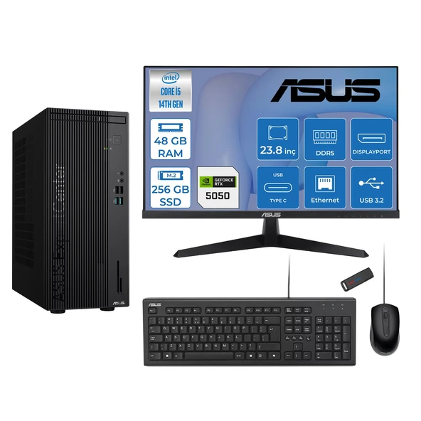 Asus Expertcenter D501MER  Intel® Core™ İ5-14500 48GB Ddr5 256GB SSD 8GB/RTX5050 Freedos Mini Tower+23.8" 120Hz Asus Monitör Masaüstü Bilgisayar 12WD501MER27F16+ZETTAUSBBELLEK ürün görseli 1
