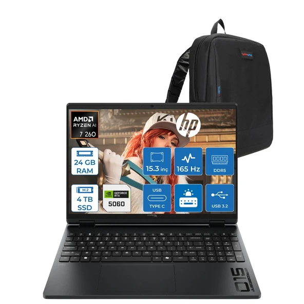 Hp Hyperx Omen 15-GB0004NT Amd Ryzen 7 260 24GB Ddr5 4tb SSD Geforce RTX5060 8gb Freedos 15.3" Wuxga (1920X1200) IPS 300NITS 165Hz Oyuncu Bilgisayarı HOD2QV9EAF10 + Zetta Çanta ürün görseli 1