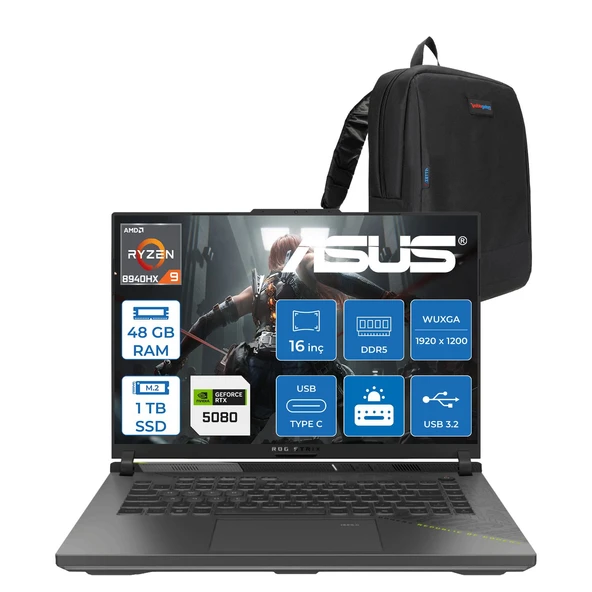 Asus Rog Strix G16 G614PW Amd Ryzen 9 8940HX Aı 48GB Ddr5 1tb SSD 16GB/RTX5080 175W  16-Inch Fhd+ 165Hz 3ms 100%SRGB (1920 x 1200, Wuxga) Freedos Gaming Laptop WRV038F19+ZETTAÇANTA ürün görseli 1