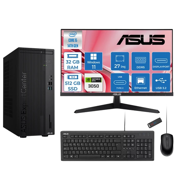 Asus Expertcenter D501MER  Intel® Core™ İ5-14500 32GB Ddr5 512GB SSD 6GB/RTX3050 WIN11PRO Mini Tower+27" 120Hz Asus Monitör Masaüstü Bilgisayar 14WD501MER23P12+ZETTAUSBBELLEK ürün görseli 1