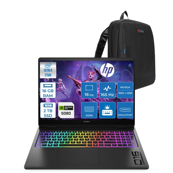 Hp Omen Max 16-AH0009NT Intel Core Ultra 9 275HX 16GB Ddr5 2tb SSD RTX5080 16GB 120W Freedos 16" Wuxga (1920X1200) IPS 400NITS 165Hz Oyuncu Bilgisayarı OB92QQEAF03 + Zetta Çanta ürün görseli 1