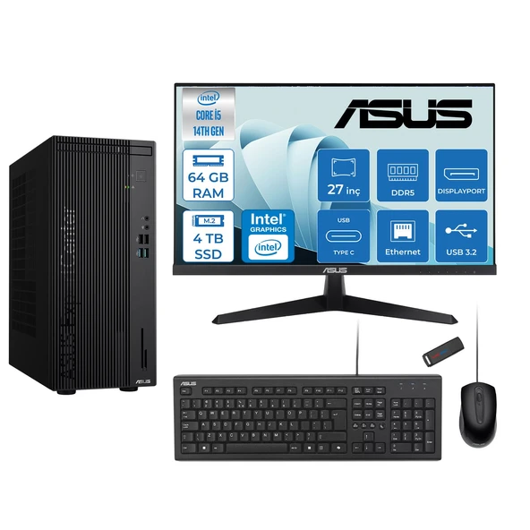 Asus Expertcenter D501MER  Intel® Core™ İ5-14500 64GB Ddr5 4tb SSD Intel® UHD Graphics 770 Freedos Mini Tower+27" 120Hz Asus Monitör Masaüstü Bilgisayar 14WD501MERF25+ZETTAUSBBELLEK ürün görseli 1