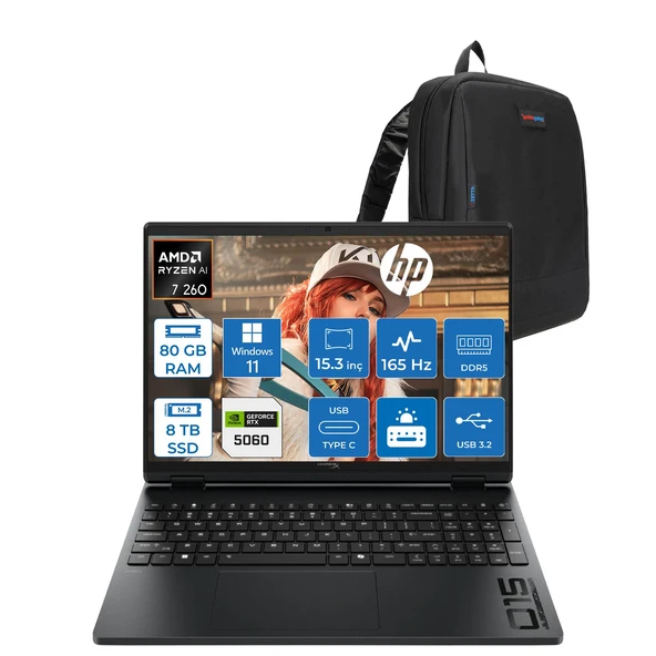 Hp Hyperx Omen 15-GB0004NT Amd Ryzen 7 260 80GB Ddr5 8tb SSD Geforce RTX5060 8gb Windows 11 Home 15.3" Wuxga (1920X1200) IPS 300NITS 165Hz Oyuncu Bilgisayarı HOD2QV9EAH42 + Zetta Çanta ürün görseli 1