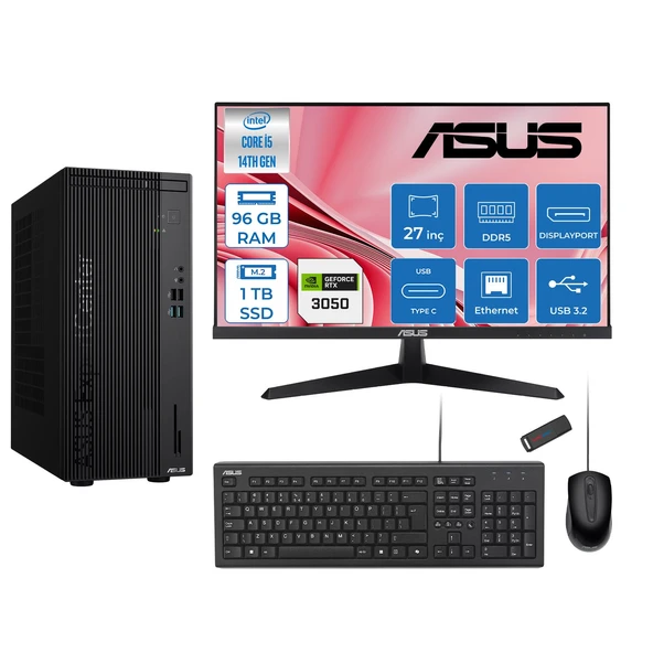 Asus Expertcenter D501MER  Intel® Core™ İ5-14500 96GB Ddr5 1tb SSD 6GB/RTX3050 Freedos Mini Tower+27" 120Hz Asus Monitör Masaüstü Bilgisayar 14WD501MER23F33+ZETTAUSBBELLEK ürün görseli 1