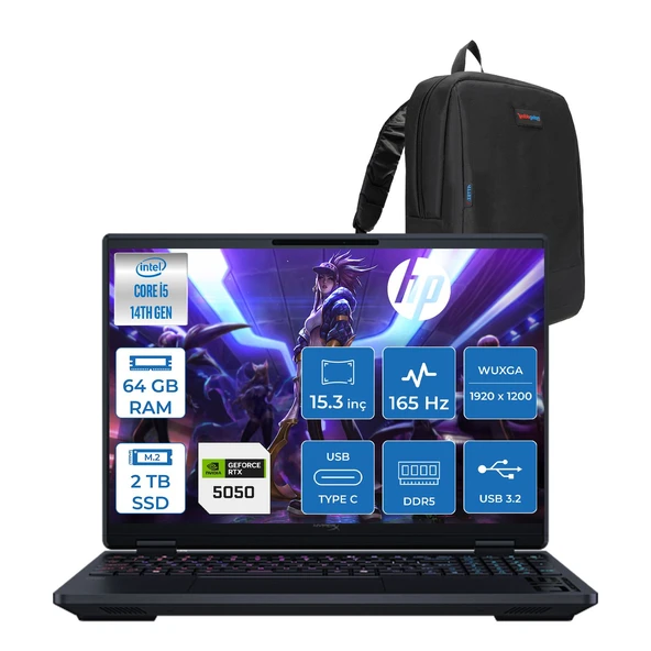 Hp Hyperx Omen 15 Intel Core I5 14500HX 64GB Ddr5 2tb SSD Geforce RTX5050 8gb Freedos 15.3" Wuxga (1920X1200) IPS 300NITS 165Hz Oyuncu Bilgisayarı HOD2QD2EAF33 + Zetta Çanta ürün görseli 1