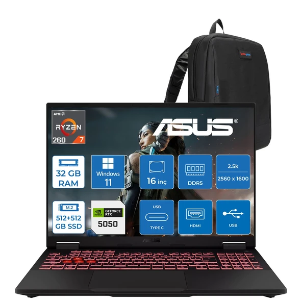 Asus Tuf Gaming A16 FA608UH Ryzen 7 260 Aı 32GB Ddr5 512GB SSD+512GB 16-Inch 8GB/RTX5050 115W, 1920 x 1200, Wuxga SRGB:100% 165Hz 3ms IPS WINDOWS11PRO Gaming Laptop ZRV099WP10+ZETTAÇANTA ürün görseli 1