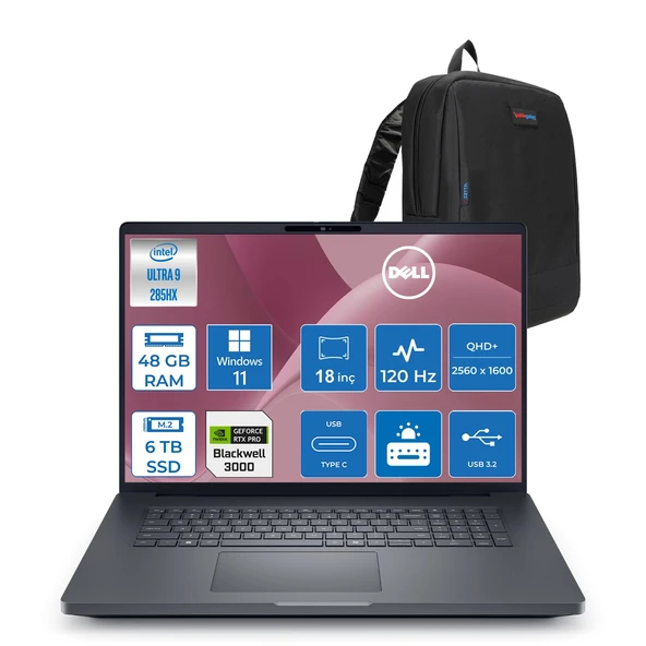 Dell Pro Max 18 Plus Intel Core Ultra 9 285HX 48GB Ddr5 6tb SSD Rtx Pro 3000 Blackwell 12GB Windows 11 Pro 18" 120HZ Qhd+ 2560 x 1600 Wva 500NITS Mobil Iş Istasyonu MB18250273P09 + Zetta Çanta ürün görseli 1