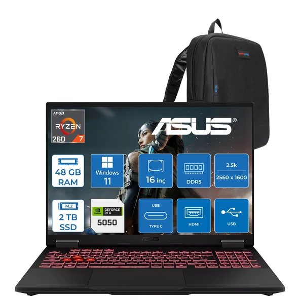 Asus Tuf Gaming A16 FA608UH Ryzen 7 260 Aı 48GB Ddr5 2tb SSD 16-Inch 8GB/RTX5050 115W, 1920 x 1200, Wuxga SRGB:100% 165Hz 3ms IPS WINDOWS11PRO Gaming Laptop ZRV099WP21+ZETTAÇANTA ürün görseli 1
