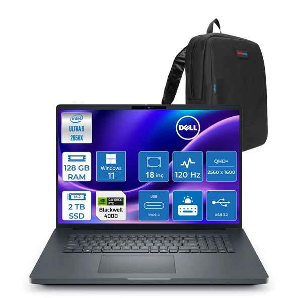 Dell Pro Max 18 Plus Intel Core Ultra 9 285HX 128GB Ddr5 2tb SSD Rtx Pro 4000 Blackwell 16GB Windows 11 Pro 18" 120HZ Qhd+ 2560 x 1600 Wva 500NITS Mobil Iş Istasyonu MB18250274P27 + Zetta Çanta ürün görseli 1