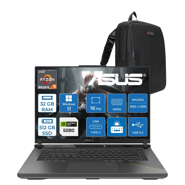 Asus Rog Strix G16 G614PW Amd Ryzen 9 8940HX Aı 32GB Ddr5 512GB SSD 16GB/RTX5080 175W  16-Inch Fhd+ 165Hz 3ms 100%SRGB (1920 x 1200, Wuxga) WINDOWS11HOME Gaming Laptop WRV038H09+ZETTAÇANTA ürün görseli 1