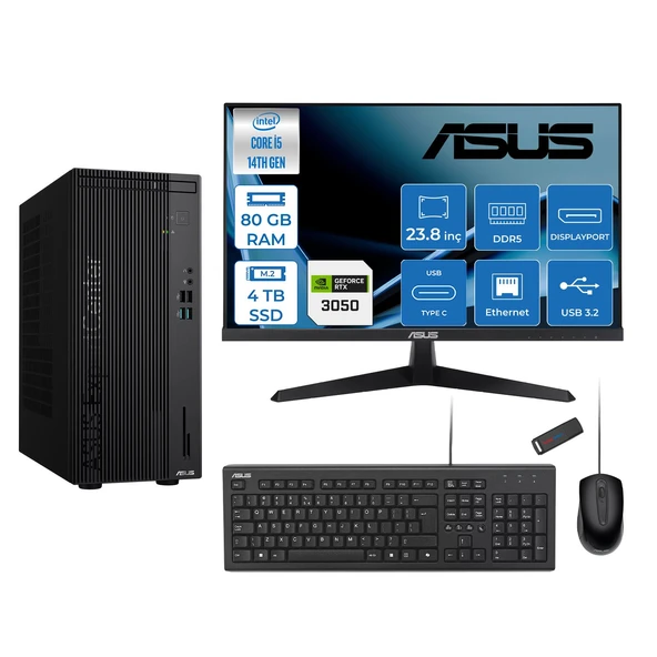 Asus Expertcenter D501MER  Intel® Core™ İ5-14500 80GB Ddr5 4tb SSD 6GB/RTX3050 Freedos Mini Tower+23.8" 120Hz Asus Monitör Masaüstü Bilgisayar 12WD501MER23F30+ZETTAUSBBELLEK ürün görseli 1