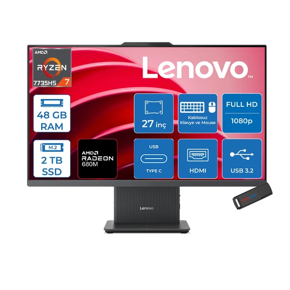 Lenovo Ideacentre Aıo 27ARR9 Amd Ryzen 7 7735HS 48GB Ddr5 2tb SSD Freedos Radeon 680M 27 Inç Fhd (1920X1080) IPS 300NITS Koyu Gri All In One Bilgisayar ICF0HQ00AATRF24 + Zetta Flash Bellek ürün görseli 1