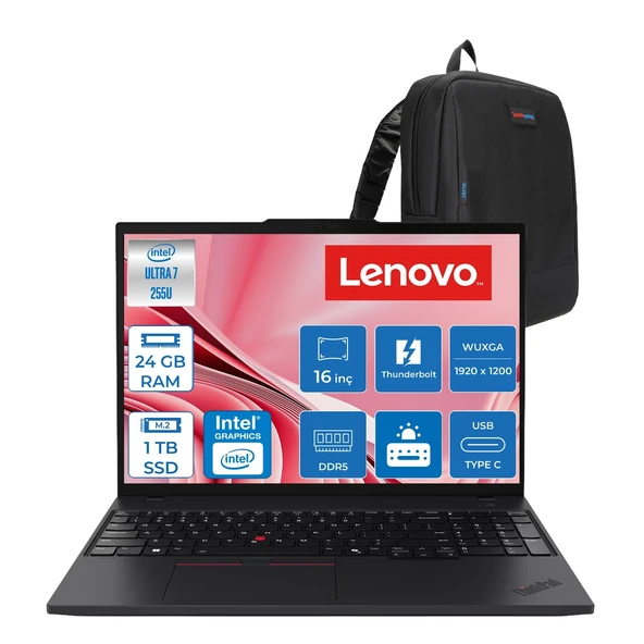 Lenovo T16 Gen4 Intel Core Ultra 7 255U Ddr5 24GB 1tb SSD Intel Graphics 4G LTE 16" Wuxga (1920X1200) IPS 300NITS Freedos Kurumsal Iş Bilgisayarı 21QFS2BH00F06 + Zettaçanta ürün görseli 1