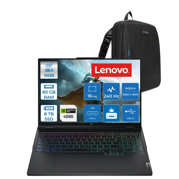Lenovo Legion Pro 7 Intel Core I9 14900HX 80GB Ddr5 8tb SSD Geforce Rtx 4090 16GB Freedos 16" Wqxga (2560X1600) IPS 500NITS 240Hz DISPLAYHDR400 Oyuncu Bilgisayarı LG83DE002KTRF20 + Zetta Çanta ürün görseli 1