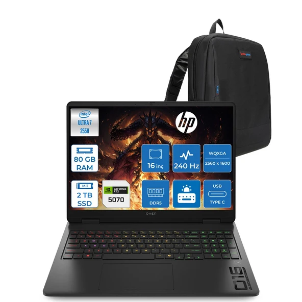 Hp Omen Slim 16-AN0025NT Intel Core Ultra 7 255H 80GB Ddr5 2tb SSD RTX5070 8gb 115W Freedos 16" Wqxga (2560 x 1600) 240 Hz 3ms IPS 500 Nits Oyuncu Bilgisayarı OCJ8V8EAF39 + Zetta Çanta ürün görseli 1