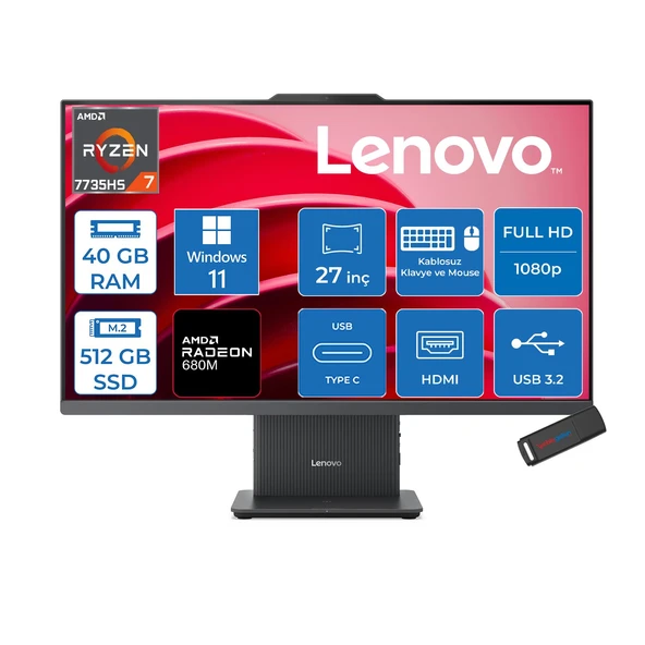 Lenovo Ideacentre Aıo 27ARR9 Amd Ryzen 7 7735HS 40GB Ddr5 512GB SSD Windows 11 Pro Radeon 680M 27 Inç Fhd (1920X1080) IPS 300NITS Koyu Gri All In One Bilgisayar ICF0HQ00AATRP17 + Zetta Flash Bellek ürün görseli 1