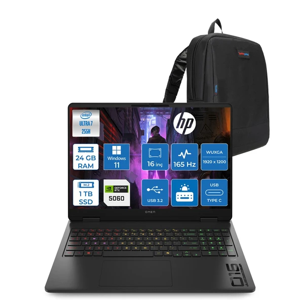 Hp Omen Slim Gaming Intel Ultra7 255H Aı 24GB Ddr5 1tb SSD Rtx™ 5060/8GB  16"2k (1920 x 1200)165 Hz, 3 Ms 400 Nits, 100% Srgb WIN11HOME Taşınabilir Bilgisayar CK9L3EAH08+ZETTAÇANTA ürün görseli 1